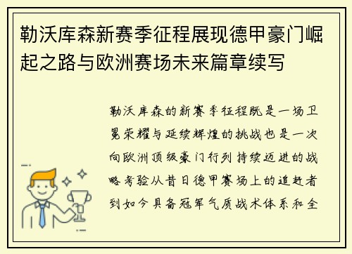 勒沃库森新赛季征程展现德甲豪门崛起之路与欧洲赛场未来篇章续写 勒沃库森新赛季征程展现德甲豪门崛起之路与欧洲赛场未来篇章续写